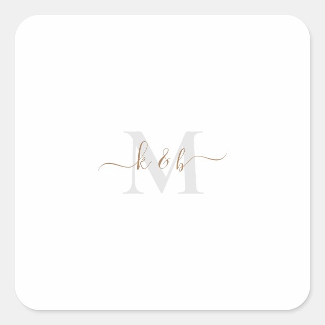 Gold & Grey Monogram Swash Script Square Sticker (Front)