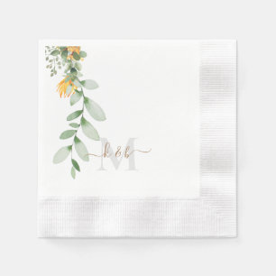 Gold & Grey Monogram Swash Script Sunflower Napkin