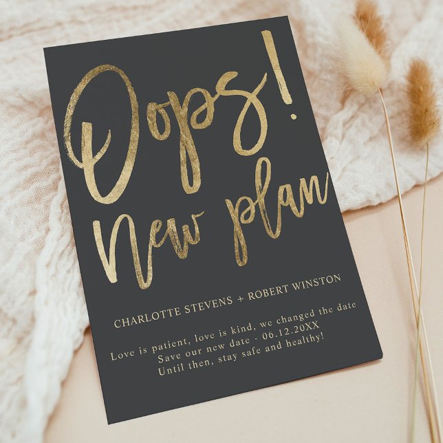 Gold grey new plan wedding change the date announcement postcard (Gold gray new plan wedding change the date announcement postcard)