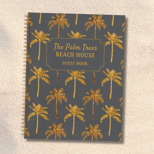 Gold Grey Palm Trees Beach House Guestbook Notebook (In situ)