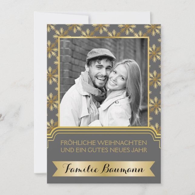 Gold, grey snowflake Frohe Weihnachten photo Holiday Card (Front)