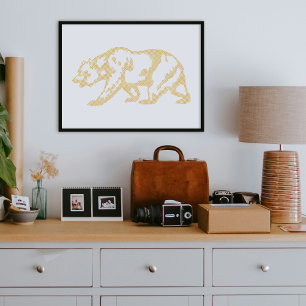 Gold Grizzly Bear Animal Line Art Print Poster