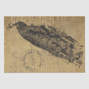 Gold Grunge Peacock Bird French Script Decoupage Tissue Paper