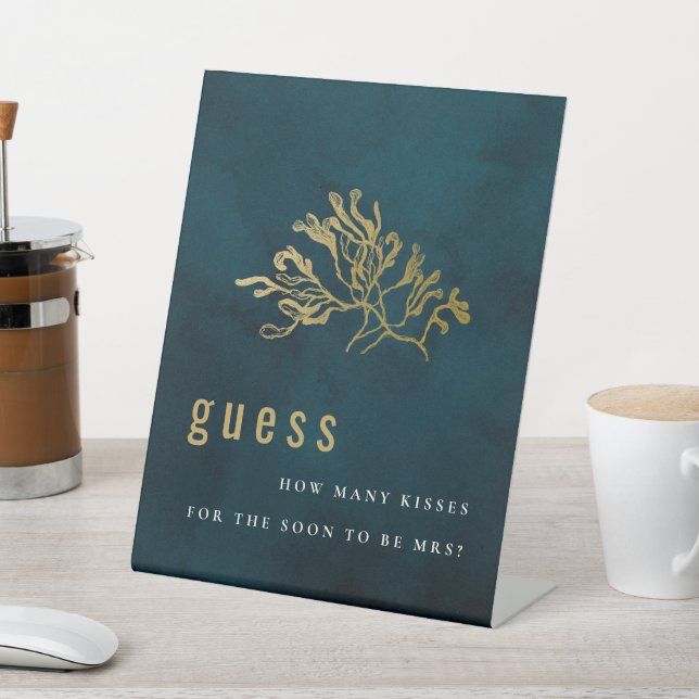 Gold Guess How Many Kisses Bridal Shower Game Pedestal Sign (In SItu)