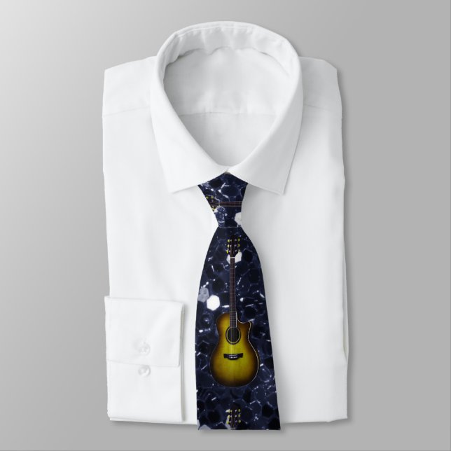 Gold Guitar Blue Faux Glitter Tie (Tied)