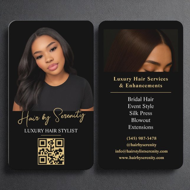 Gold Hair Stylist QR Code Luxury Black Beauty Business Card (Creator Uploaded)