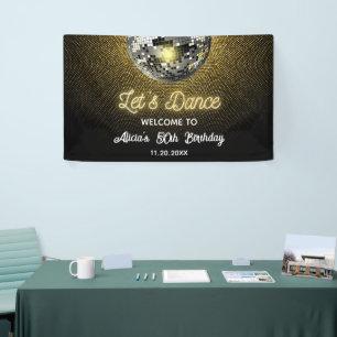 Gold Halftone Disco Ball Let's Dance Birthday Banner