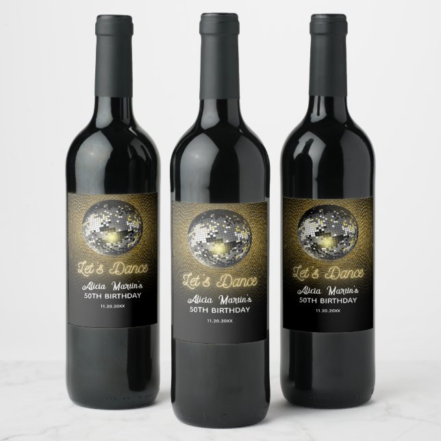 Gold Halftone Disco Ball Let's Dance Birthday Wine Label (Bottles)