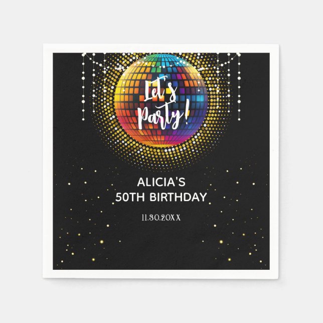 Gold Halftone Disco Ball Let's Party Birthday  Napkin (Front)