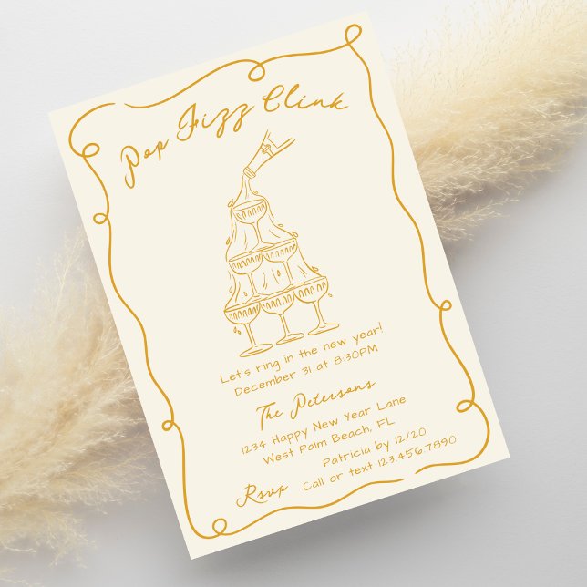 Gold Hand Drawn Champagne Tower New Years Eve Invitation (Creator Uploaded)