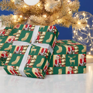 Gold Hand Drawn Deer Christmas Stocking Photo  Wrapping Paper