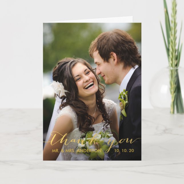 Gold Hand Lettered | Wedding Photo Thank You Card (Front)