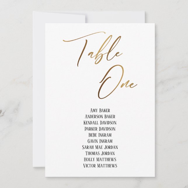 Gold Handwriting Table One Seating Chart Card (Front)