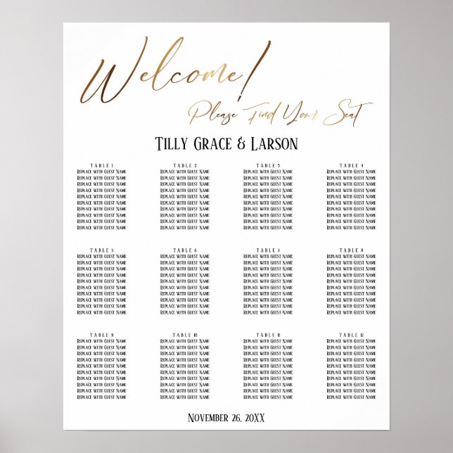 Gold Handwriting Wedding Reception Seating Chart (Front)