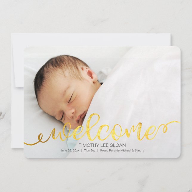 Gold Handwritten Baby Birth Photo Announcement (Front)