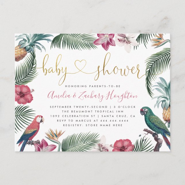 Gold Handwritten Script Tropics Baby Shower Invitation Postcard (Front)