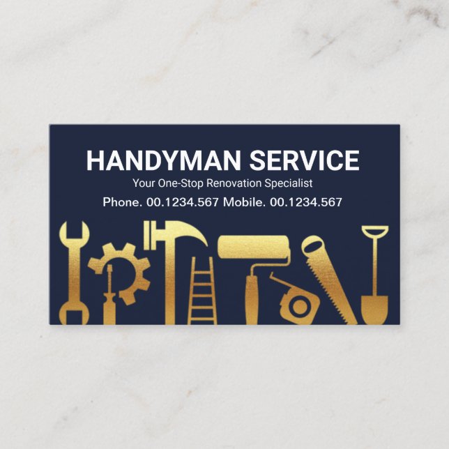 Gold Handyman Construction Tools House Remodeling Business Card (Front)