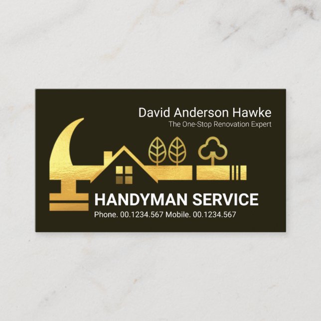 Gold Handyman Rooftop Hammer Architecture Business Card (Front)