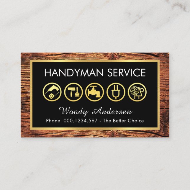Gold Handyman Tools Frame On Wood Business Card (Front)