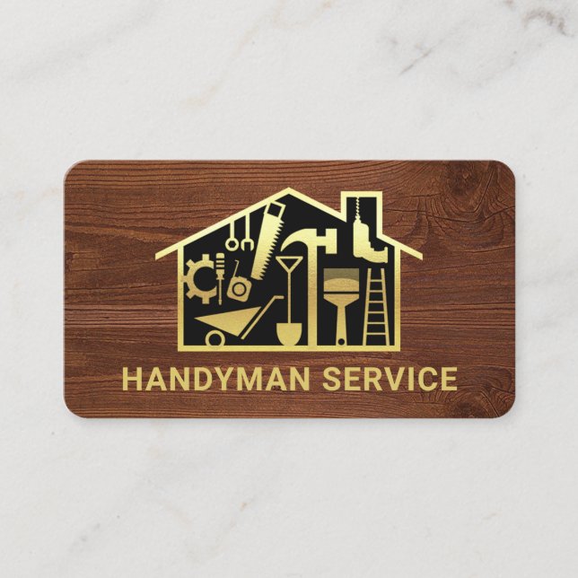 Gold Handyman Tools Home On Timber Grain Business Card (Front)