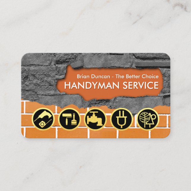 Gold Handyman Tools On Brick Wall Business Card (Front)