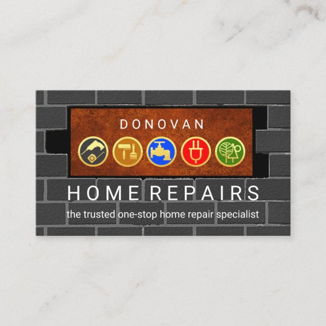 Gold Handyman Tools On Plaque Brick Wall  Business Card (Front)