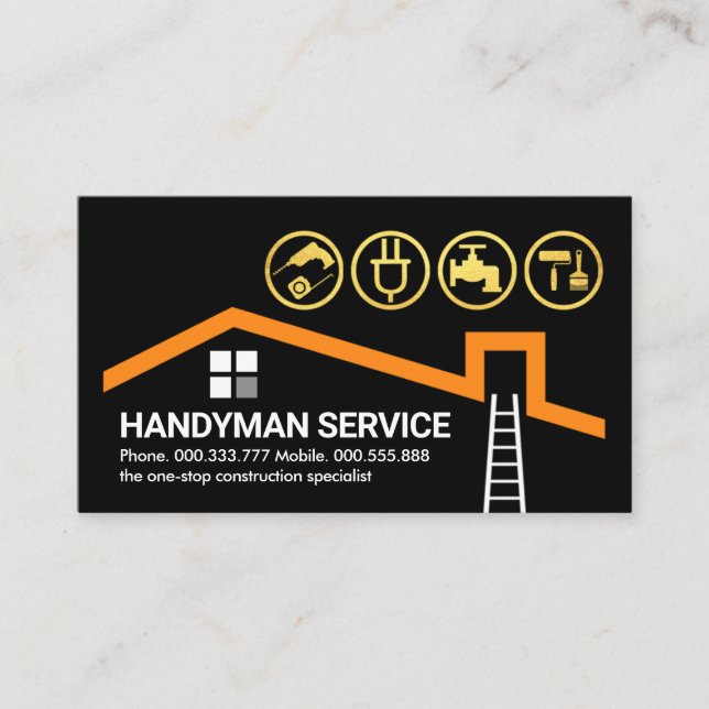 Gold Handyman Tools On Rooftop Building Business Card (Front)