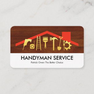Gold Handyman Tools On Rooftop Wood Panel Business Card