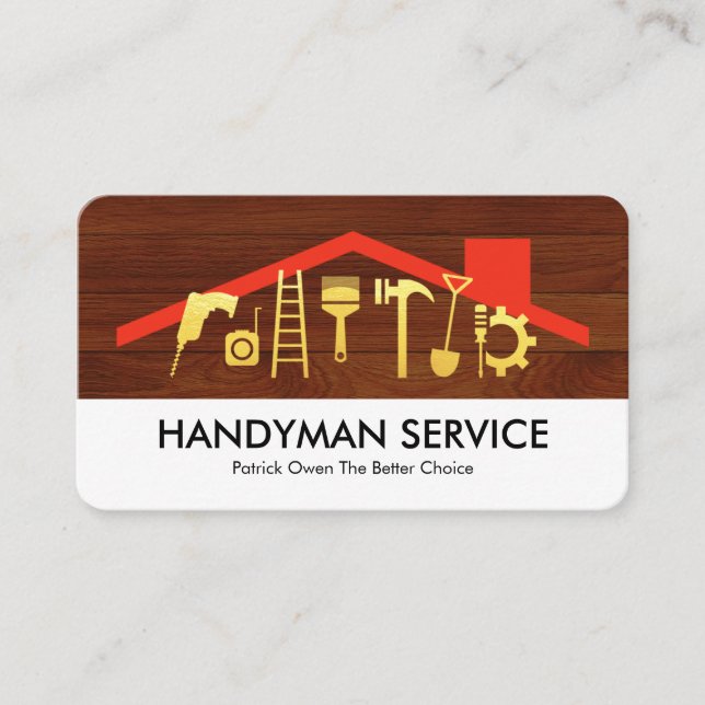 Gold Handyman Tools On Rooftop Wood Panel Business Card (Front)