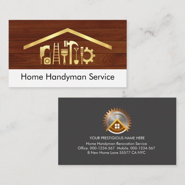 Gold Handyman Tools On Wood Panel Business Card (Front/Back)