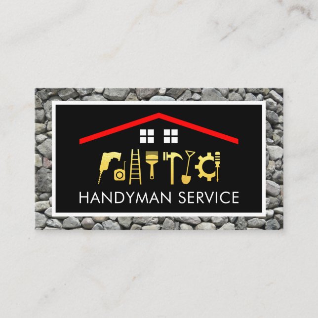 Gold Handyman Tools Roof Frame On Rocks Business Card (Front)