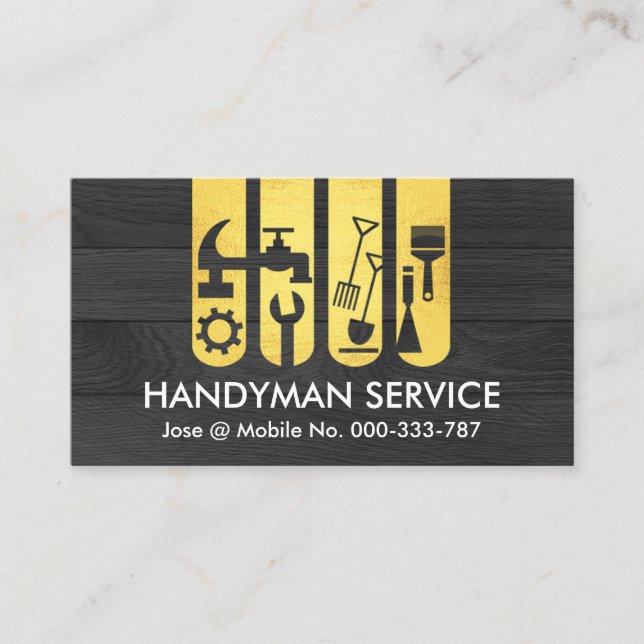 Gold Handyman Tools Tab On Black Wood Business Card (Front)