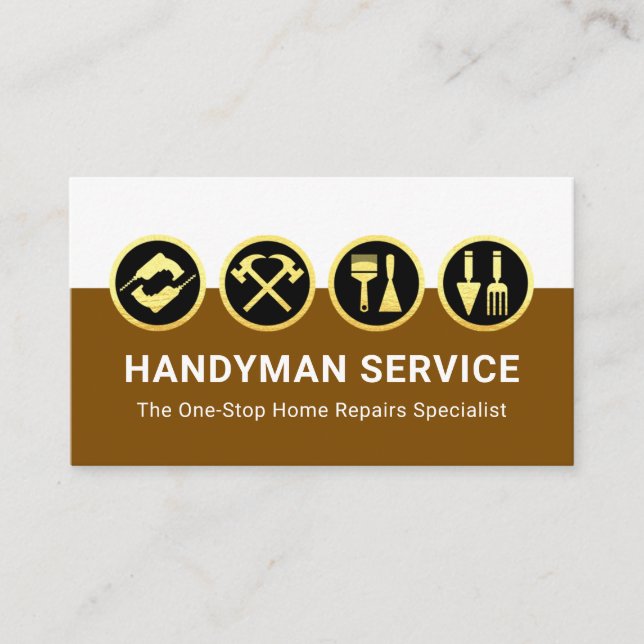 Gold Handyman Tools White Brown Layers Business Card (Front)