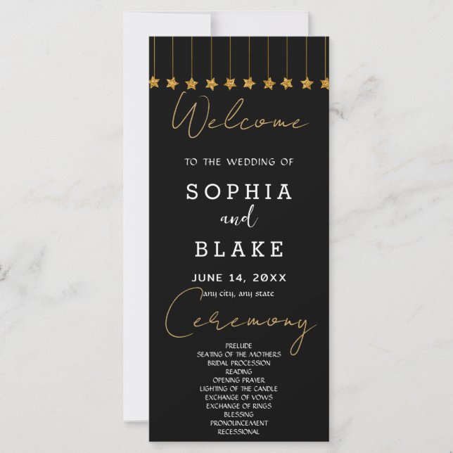 Gold Hanging Stars Black Wedding Program (Front)