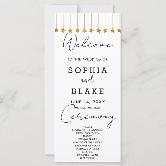 Gold Hanging Stars White Wedding Program (Front)
