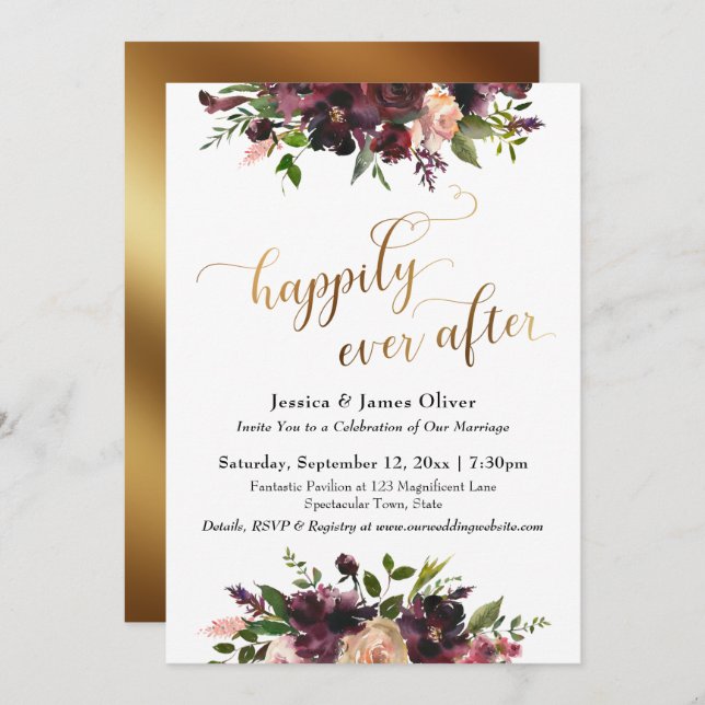 Gold Happily Ever After Dark Red Burgundy Floral Invitation (Front/Back)