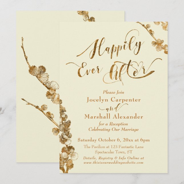 Gold Happily Ever After with Botanicals, Ivory Invitation (Front/Back)