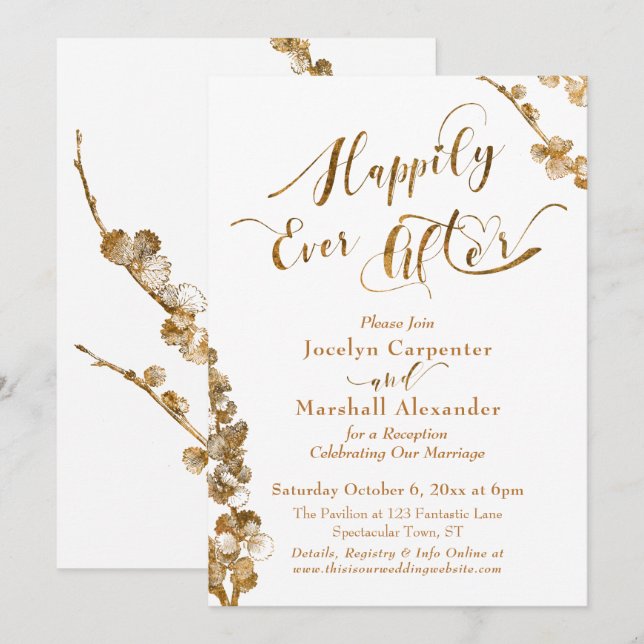 Gold Happily Ever After with Botanicals on White Invitation (Front/Back)
