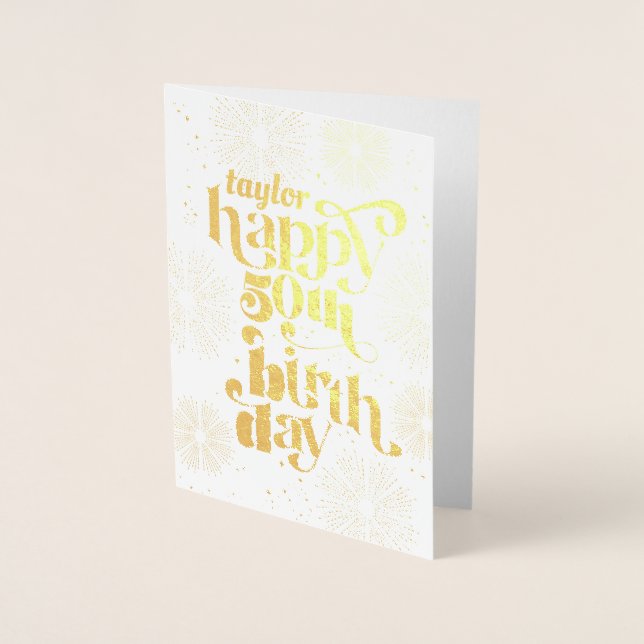 Gold Happy 50th Birthday avec nom carte de voeux (Devant)