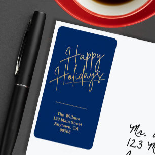 Gold Happy Holidays Blue Return Address Label