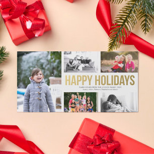 Gold Happy Holidays Christmas Collage 5 Photo Card