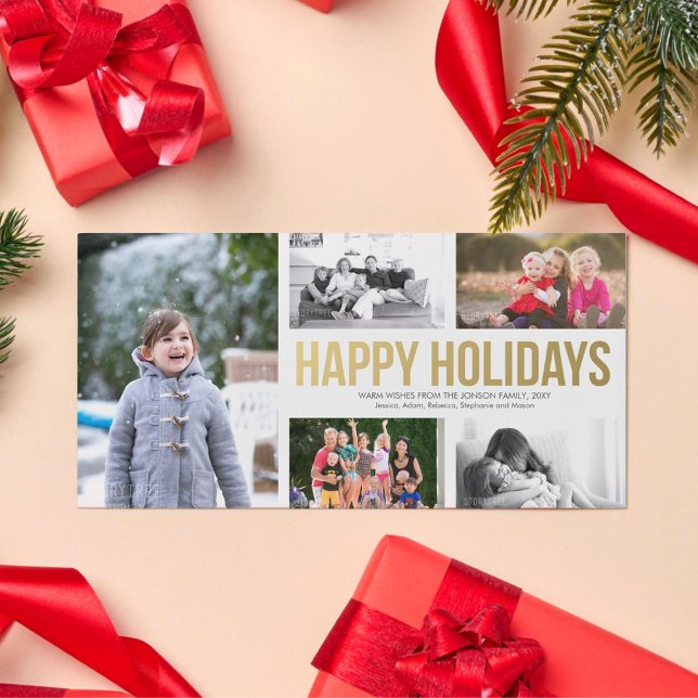 Gold Happy Holidays Christmas Collage 5 Photo Card (Creator Uploaded)