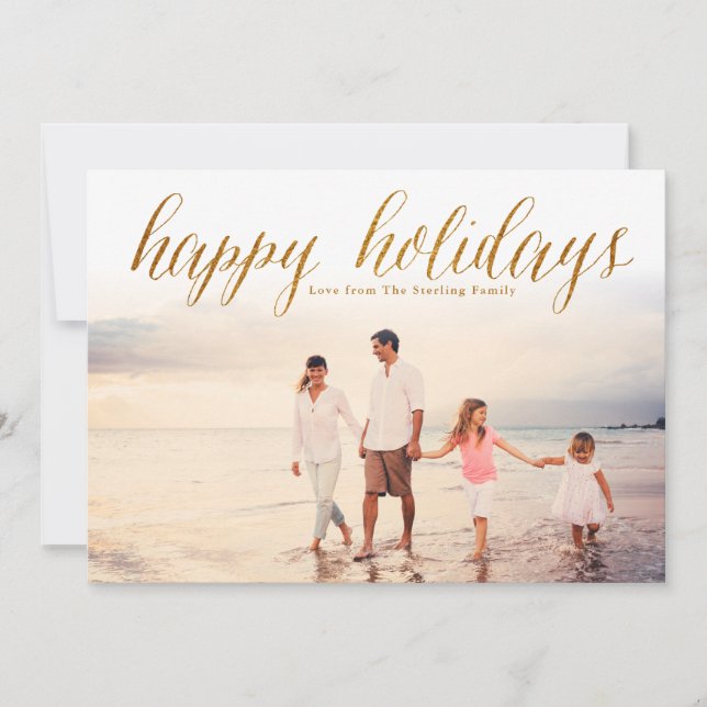 Gold Happy Holidays Glitter Look Photo Card (Front)