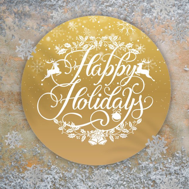 Gold Happy Holidays Snowflakes Christmas Classic Round Sticker (Gold Happy Holidays Snowflakes Christmas Classic Round Sticker)