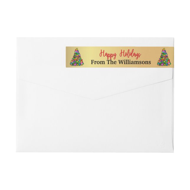 Gold Happy Holidays Trees Return Address Wrap Around Label (Back)