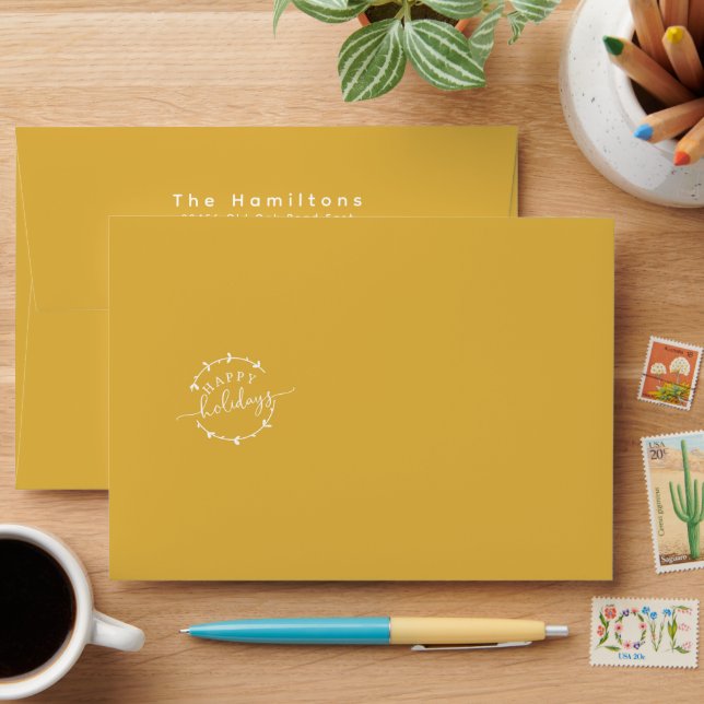  Gold Happy Holidays Wreath | Return Address Envelope (Desk)