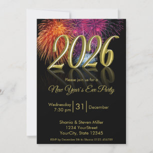 Gold Happy New Year 2026 Fireworks Invitation