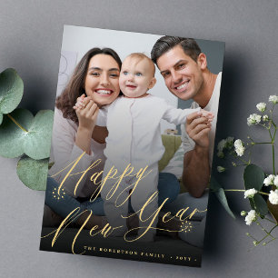 Gold Happy New Year minimal elegant photo Holiday Card