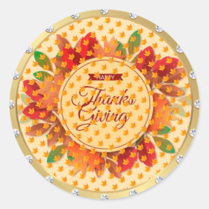 Gold Happy Thanksgiving Fall Classic Round Sticker