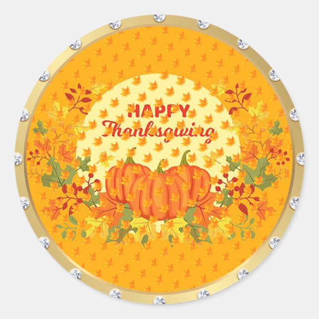 Gold Happy Thanksgiving Fall Classic Round Sticker (Front)